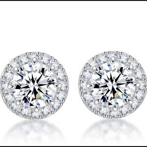 S925 Sterling Silver with 18K White Gold Cubic Zirconia Halo Stud Round Earring